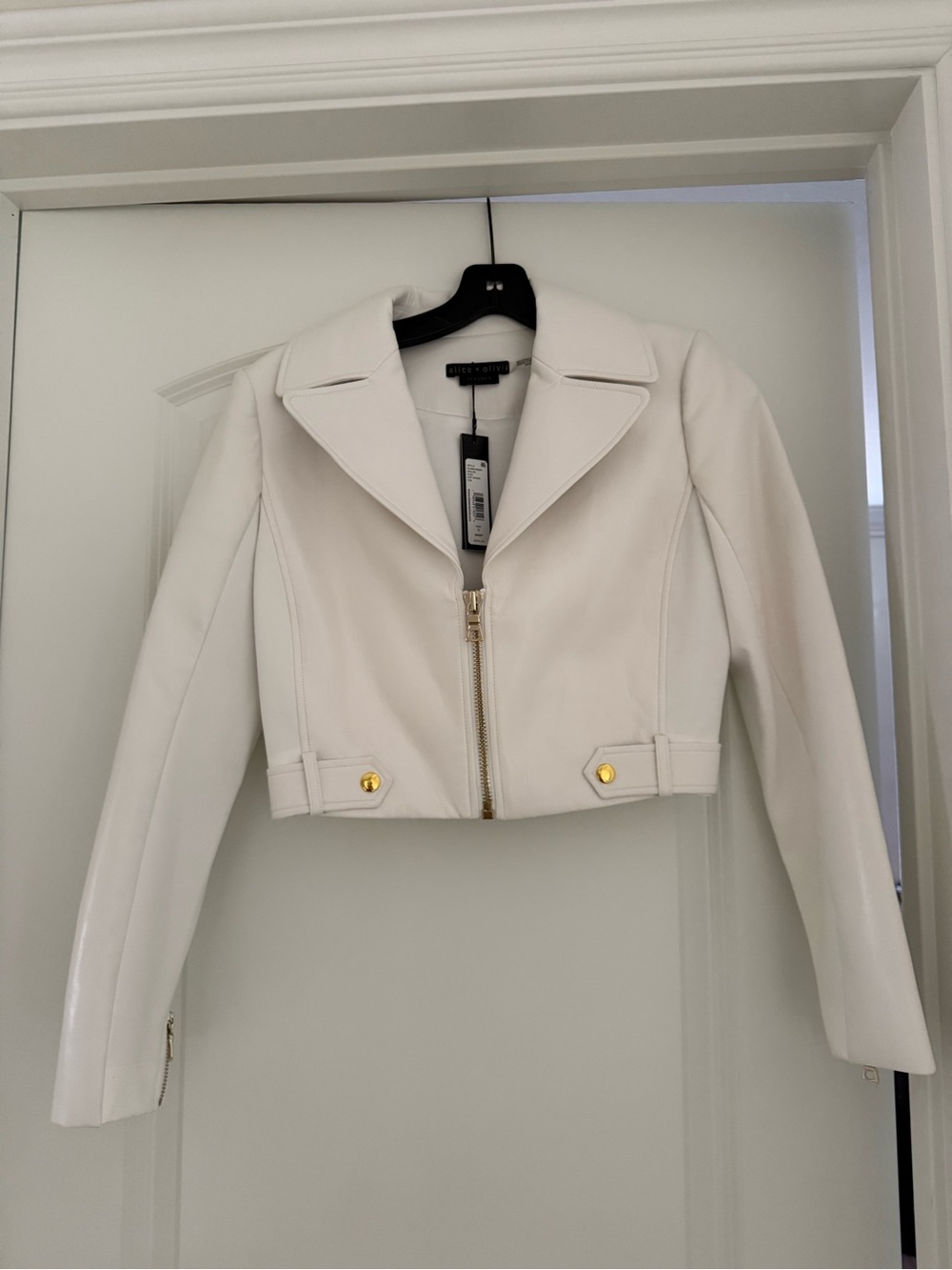 Alice + Olivia White Cropped Leather Jacket with Gold Hardware